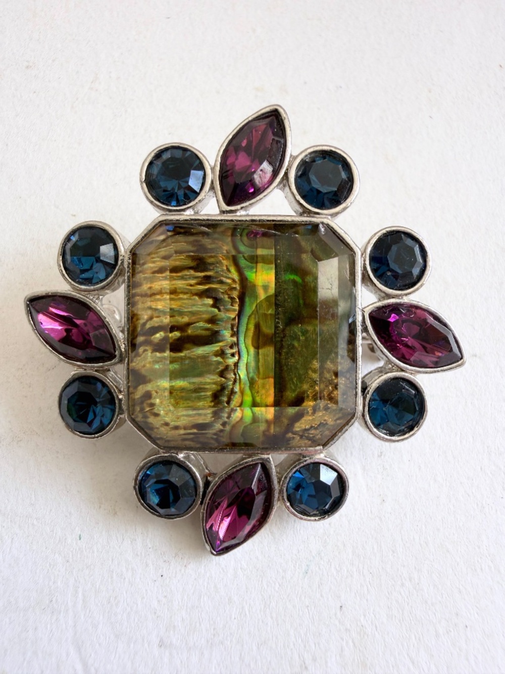 Lia Sophia Brooch Pin Abalone behind Crystal Blue Purple crystals Pin Back